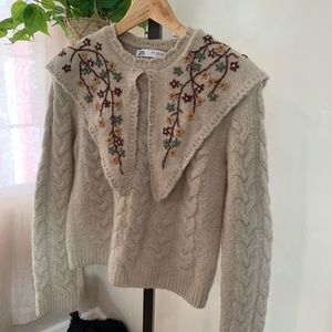 Zara Embroidered oversized collar knit sweater pullover floral